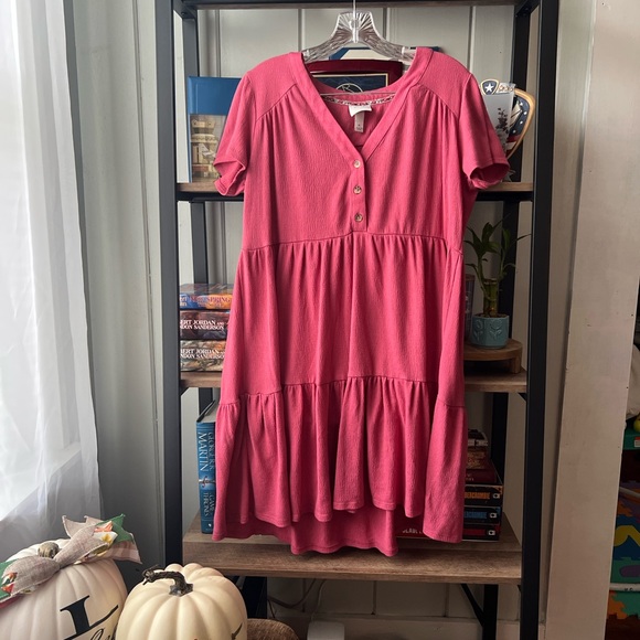 Knox Rose Coral Button-Front Tiered Mini Dress - Picture 3 of 5